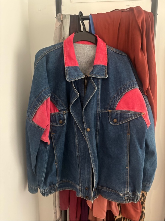 Jackets & Blazers - Denim Jacket with red Accents - Women's Oversized Jacket